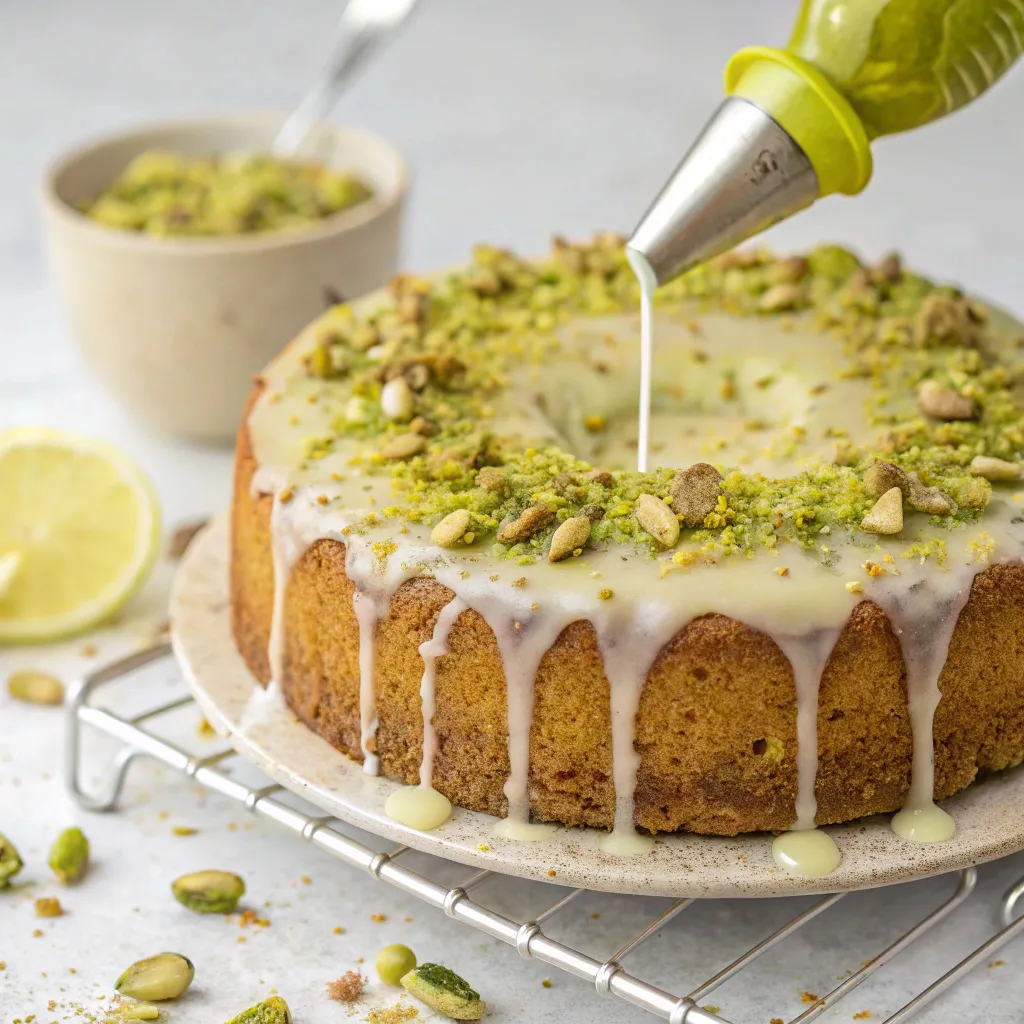 Vegan pistachio cake slice with crushed pistachios and lemon glaze on ceramic plate