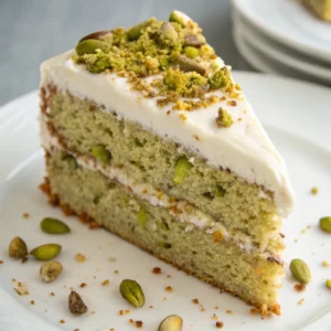 Vegan pistachio cake slice with crushed pistachios and lemon glaze on ceramic plate