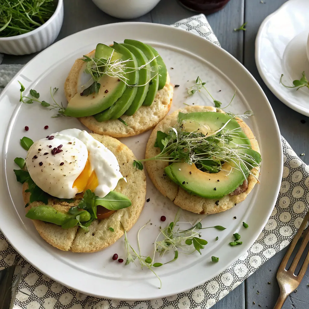 Savory gluten free cloud bread with avocado and egg toppings