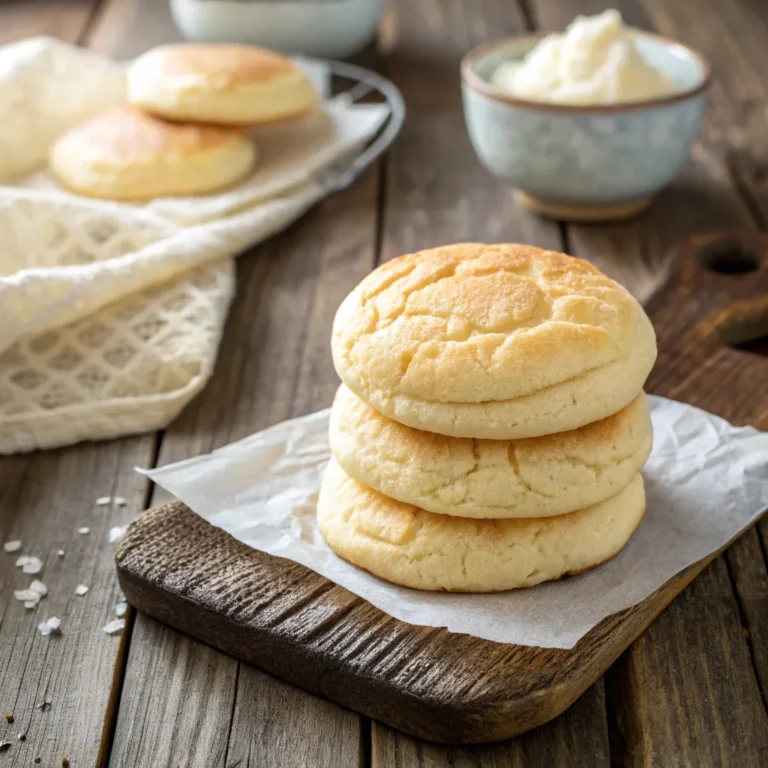 Stack of golden cloud bread gluten free rounds on rustic table