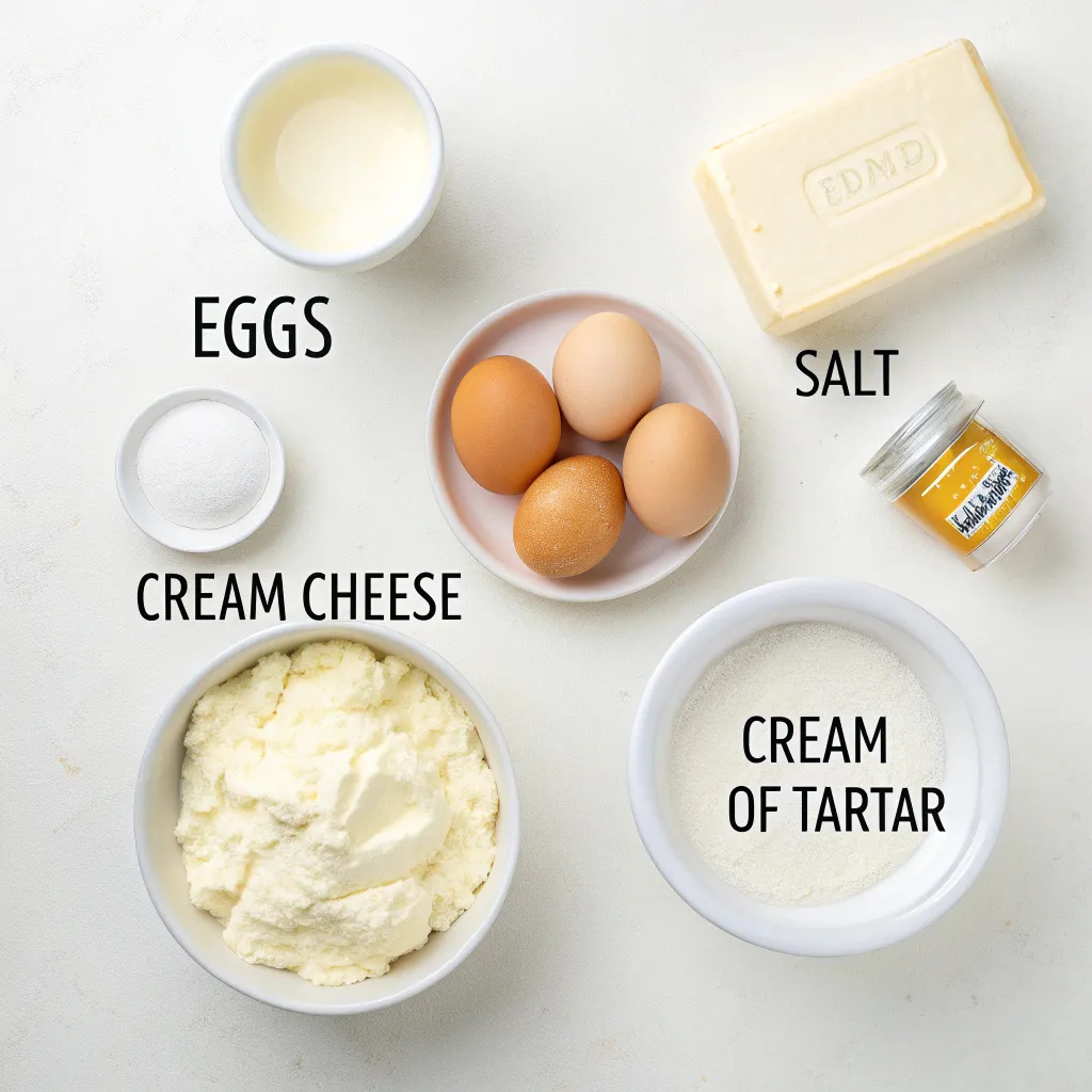 Gluten free cloud bread ingredients laid out on white background