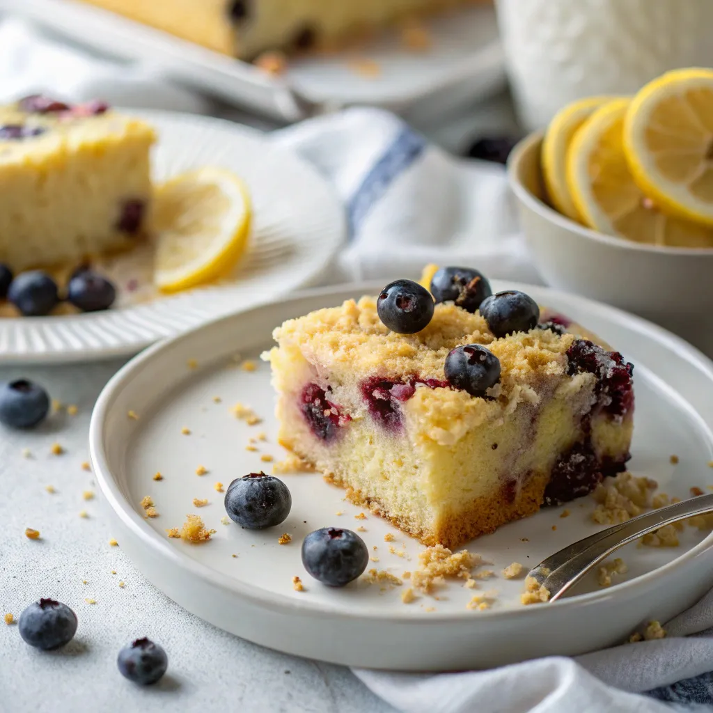 slice of eggless lemon blueberry cake