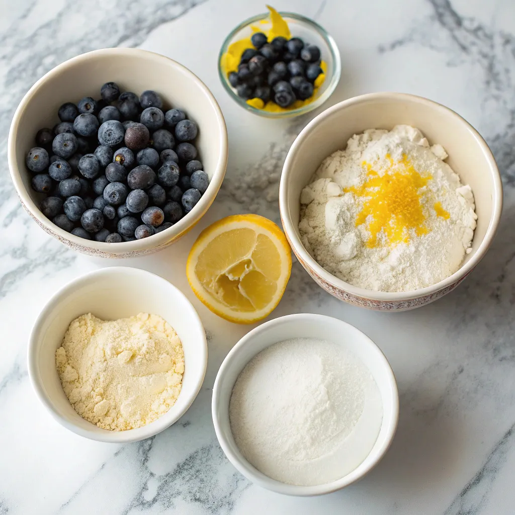 ingredients for one bowl lemon blueberry cake without eggs