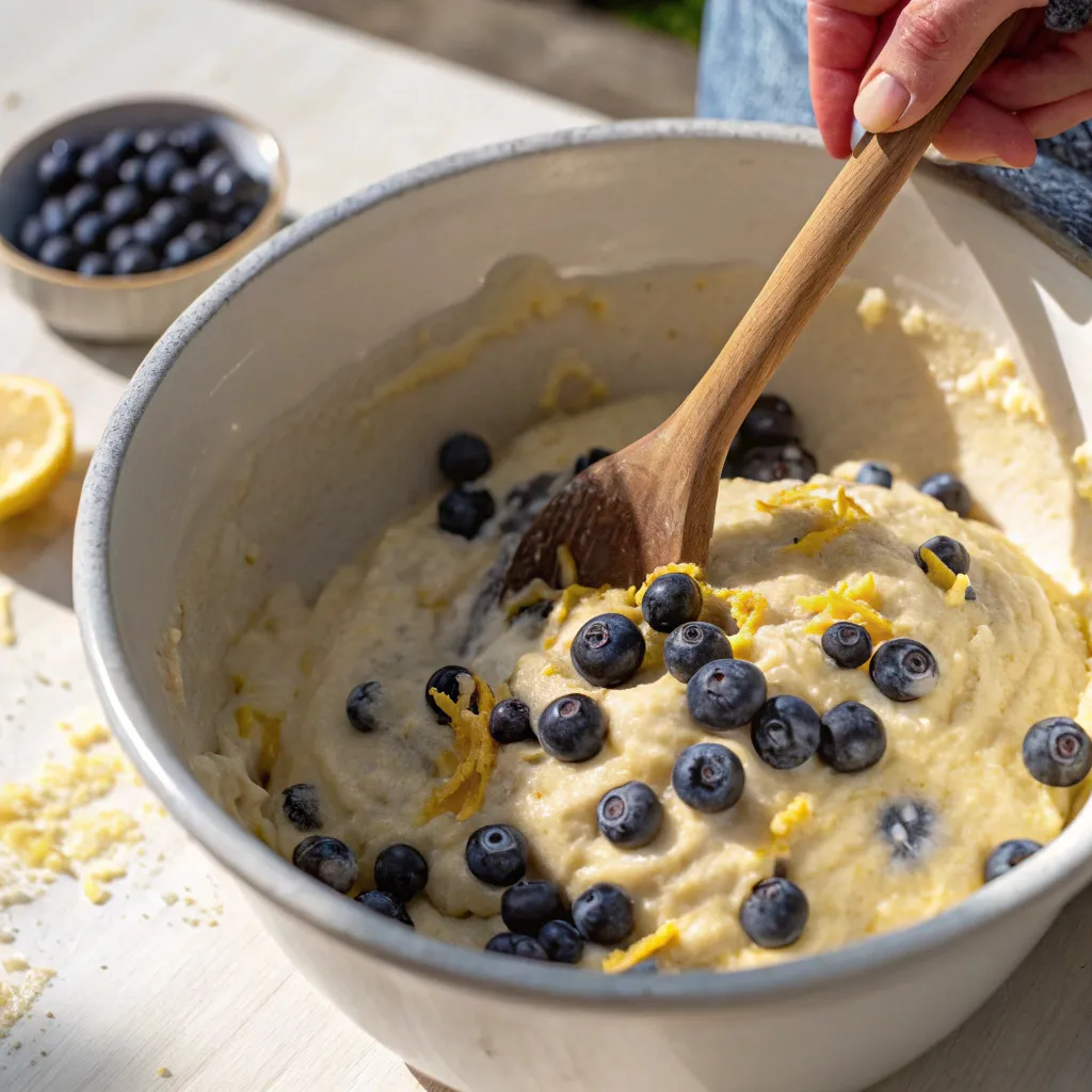 mixing lemon blueberry cake batter in one bowl