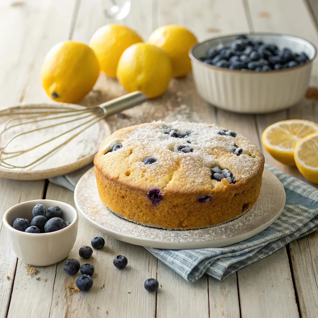 one bowl no eggs lemon blueberry cake on wooden table