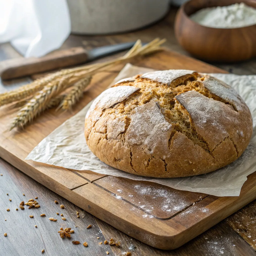 Crusty vegan gluten free artisan bread on wooden board